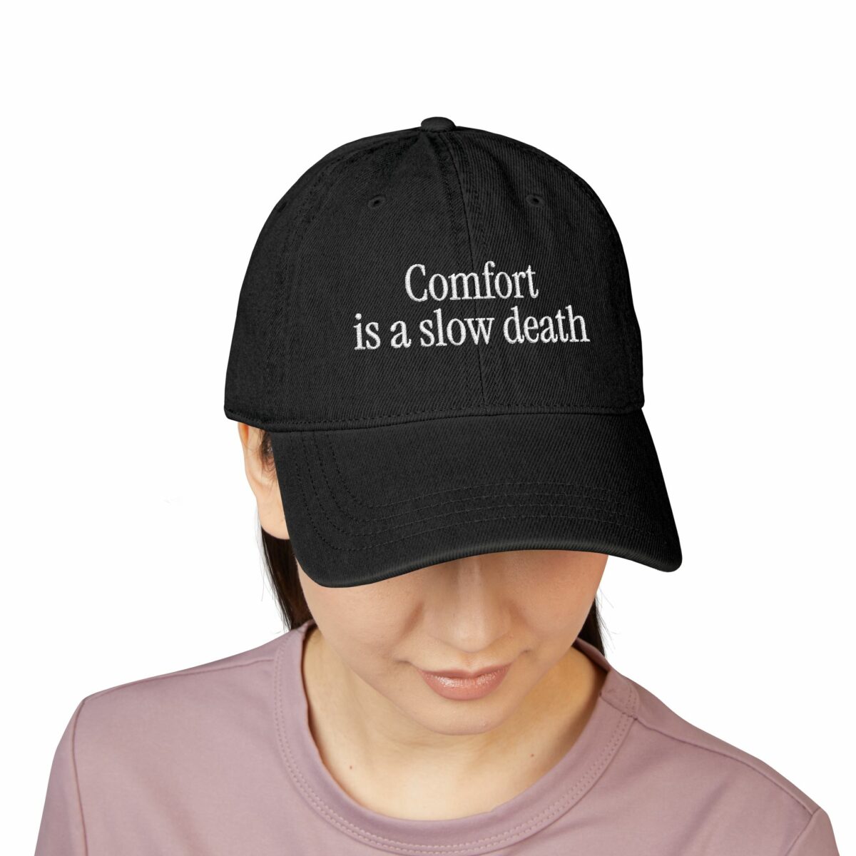 Embroidered Denim Hat — "Comfort is a slow death" Motivational Cap 4 Embroidered Denim Hat — "Comfort is a slow death" Motivational Cap – Image 4